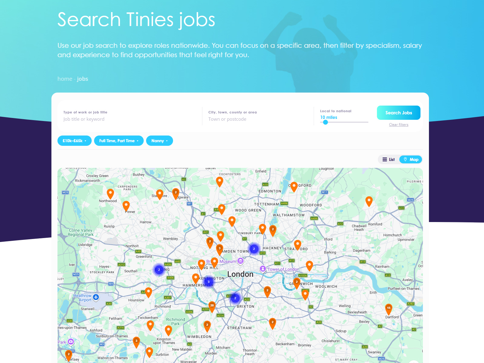 The Tinies job board: map view with salary, job type and role filters