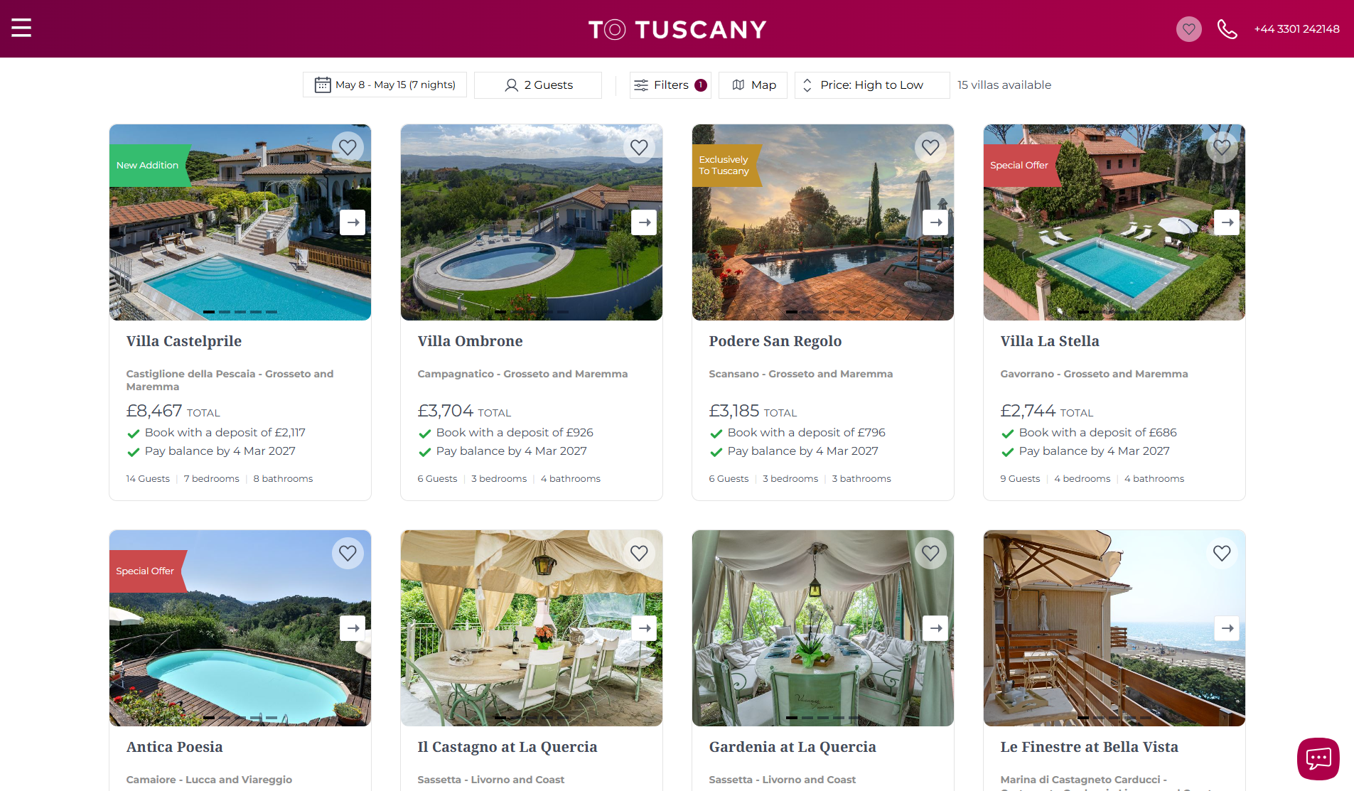 The new To Tuscany villa search with dates, filters, map view and per-villa booking rules